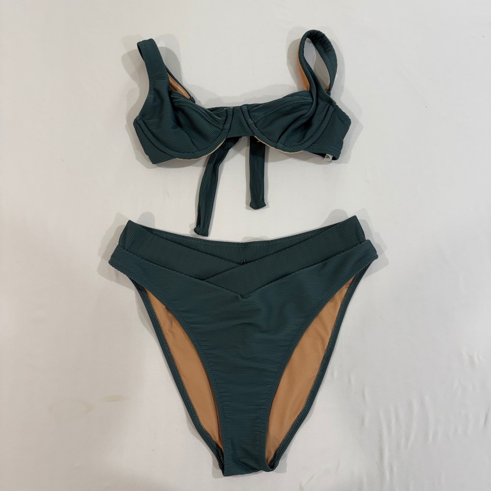 J.Crew Bikini Set Underwire Top High Waist Bottoms 32A S Green Recycled Ribbed